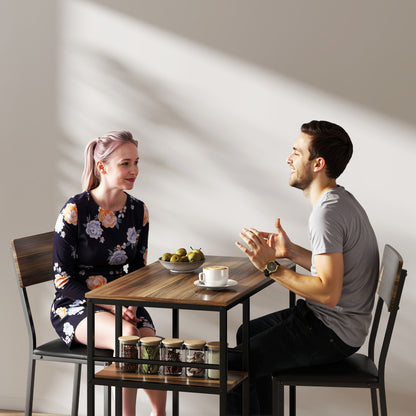 3-Tier Bar Table and 2 Stools with Footrest and Backrest, Wood and Steel, Black and Walnut
