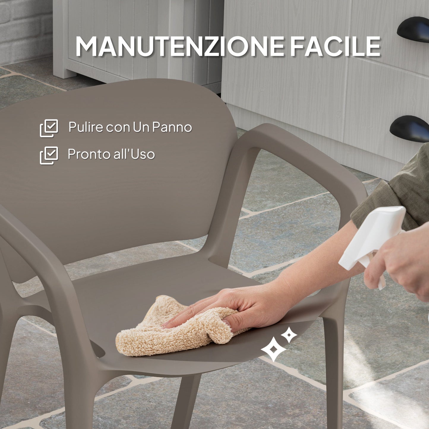 Set of 4 Stackable Garden Chairs in Modern Plastic with Armrests 60x56x75 cm, Grey