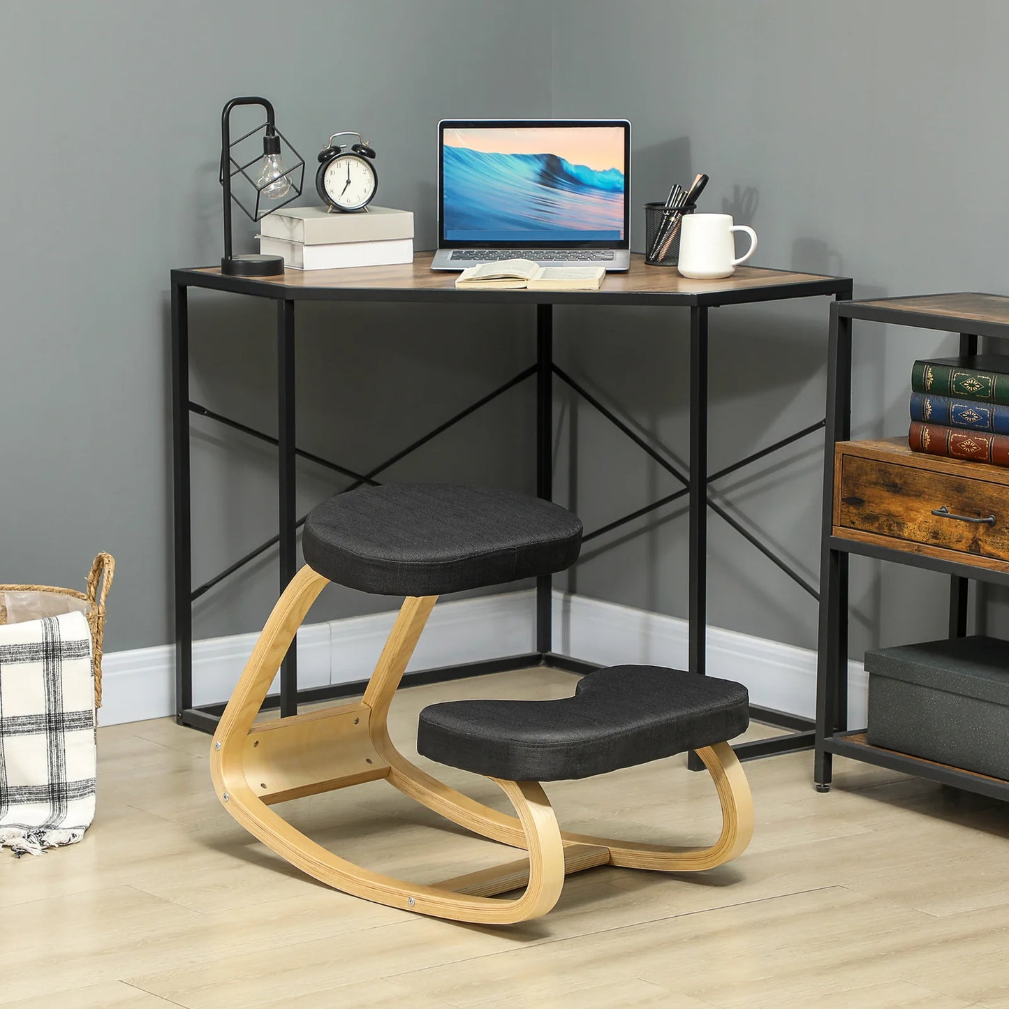 Ergonomic Rocking Kneeling Chair in Black Linen Finish