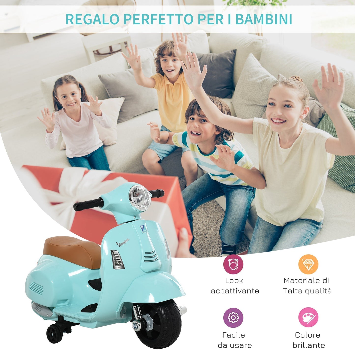 electric motorcycle for children with official Vespa 6v battery license, headlights and horn, for children of 18-36 months, green, 66.5x38x52cm