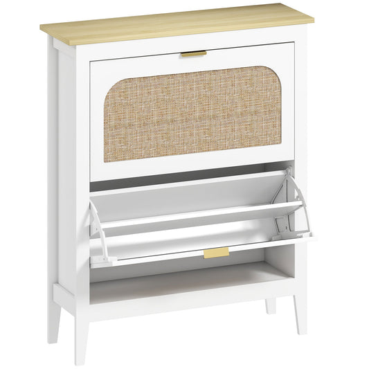 Slim Boho Style Shoe Rack with 2 Folding Drawers for 14 Pairs of Shoes, 80x24x95.5 cm, White