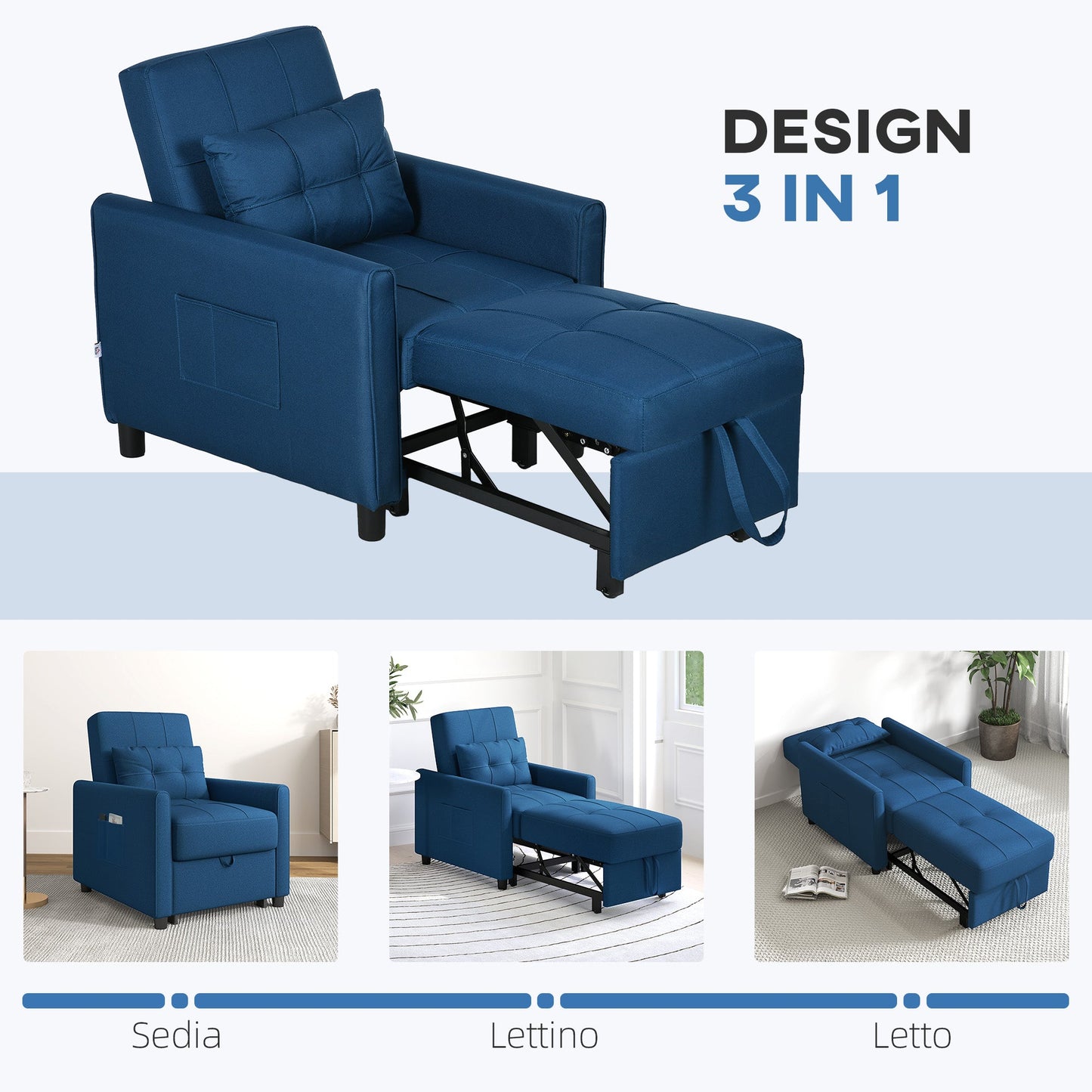 Single Reclining Armchair Bed on 3 Levels with Extra Cushion, 69x82x85cm, Blue