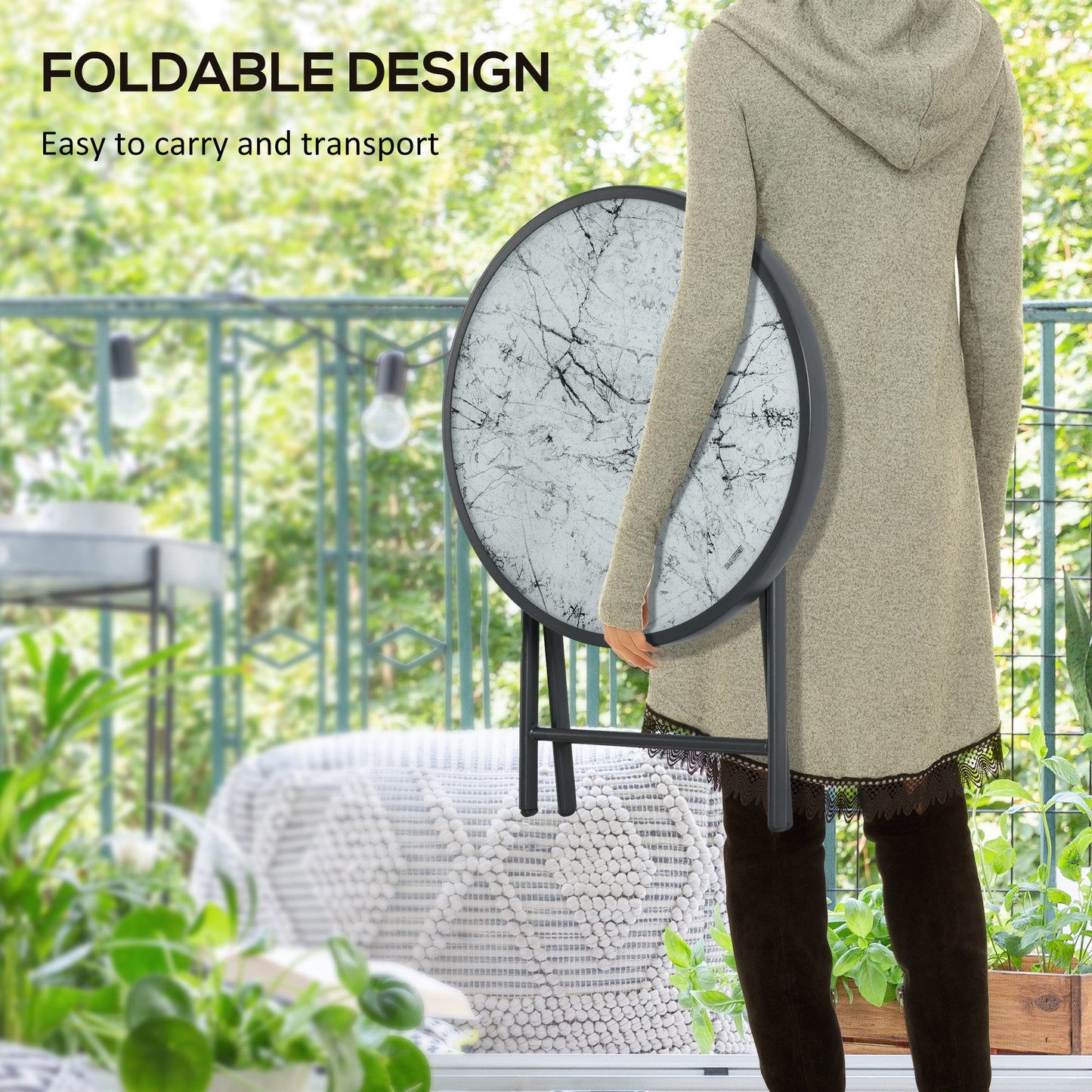 Folding Garden Coffee Table with Marble Effect Glass Top, Ø45x50cm, Grey