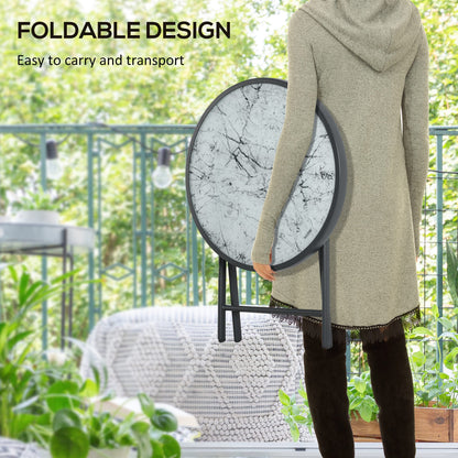 Folding Garden Coffee Table with Marble Effect Glass Top, Ø45x50cm, Grey