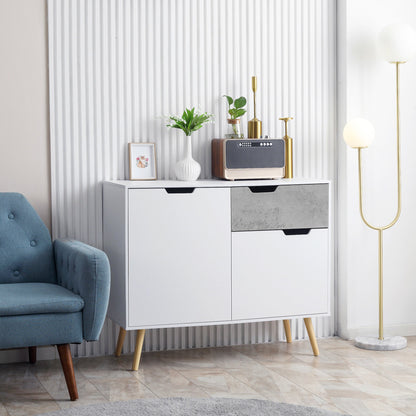 Living Room Cabinet with 2 Doors and Drawer in Chipboard and Pine, 98x39x81.5 cm, Grey and White