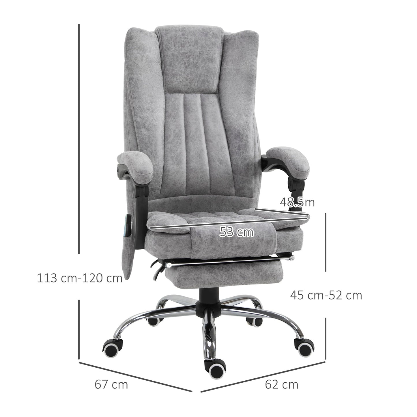 Height-Adjustable Heating and Massaging Office Chair, Armchair with Footrest, Ergonomic Microfiber Chair, 62x70x113-120 cm, Grey