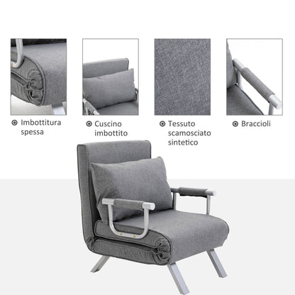 Single Armchair Bed with 5-Level Adjustable Backrest and Fabric Cushion, Light Gray