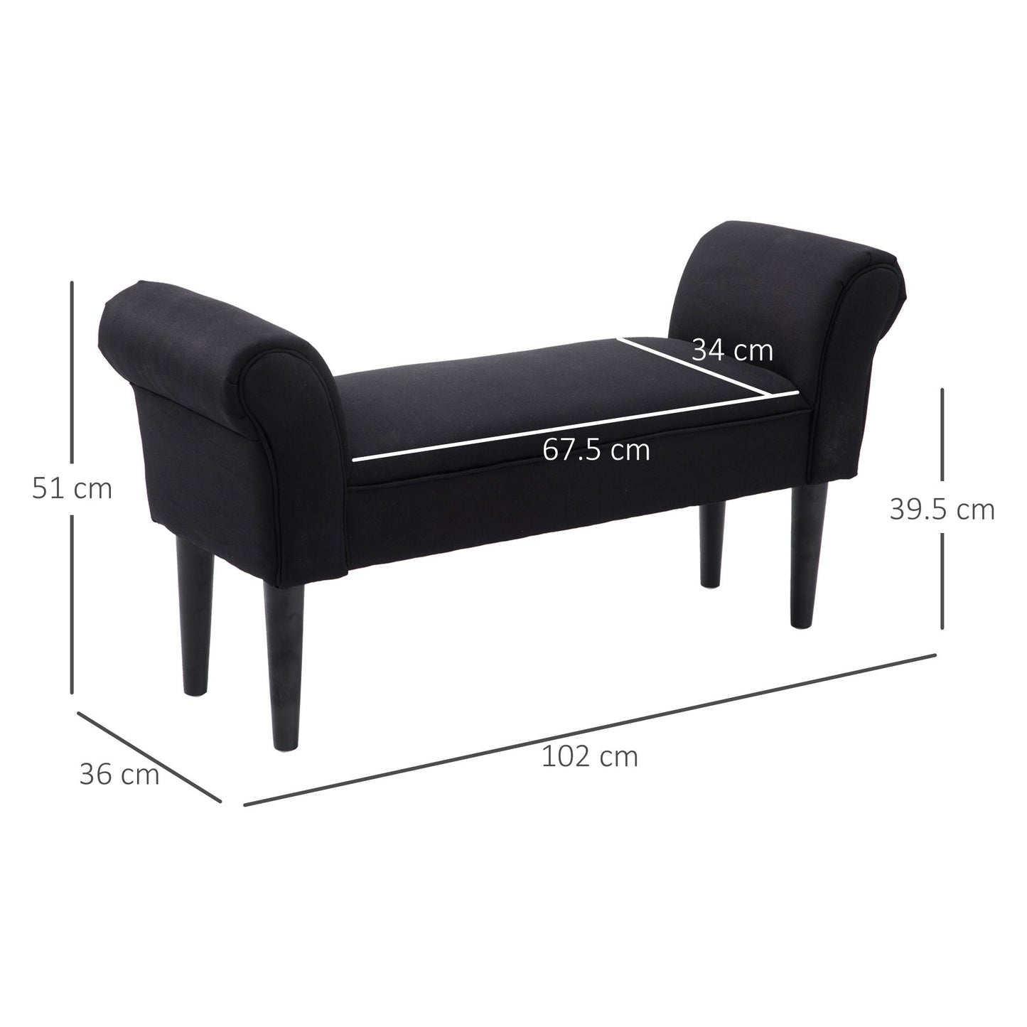 Padded Bed End Bench with Rolled Armrests, 102x35x51cm, Black