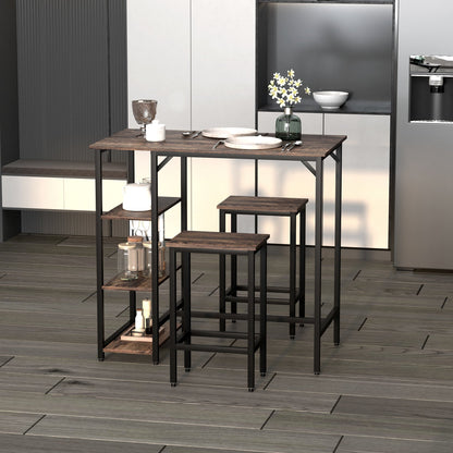 Industrial Style High Table Set with 2 Stools and Shelf in Metal and Wood, Modern Bar and Kitchen Furniture, Rustic Brown