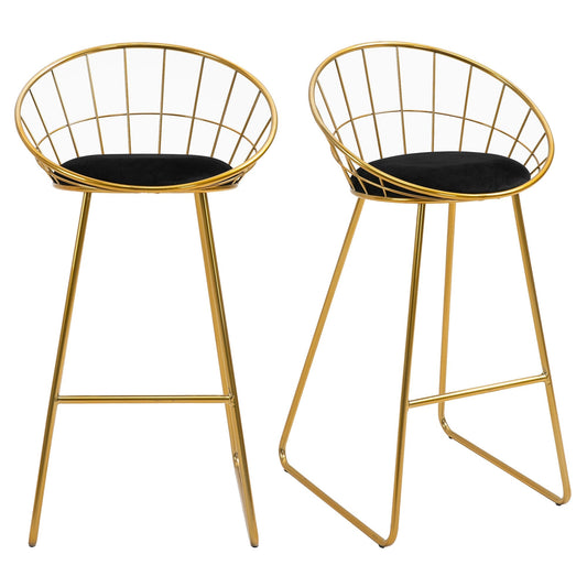 GOLDENBAR | Set of 2 High Bar Stools with Backrest and Footrest for Living Room or Kitchen Modern Style, Velvet Cushion and Metal Frame, 52.5x47x97cm, Black and Gold