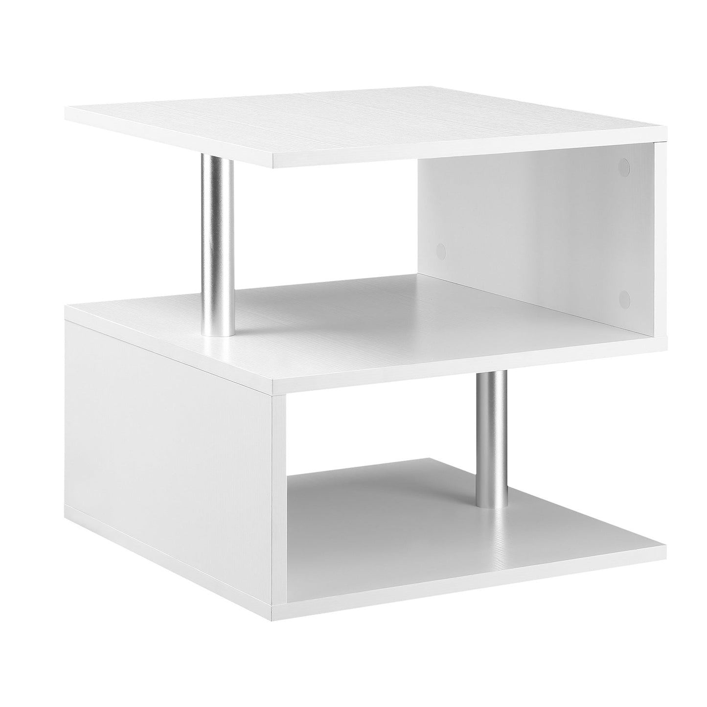 Coffee Table, White Coffee Table, Modern Design, Large Surface, Two Shelves, S-Shaped, Made of Wood and Iron, 50 x 50 x 50cm, White
