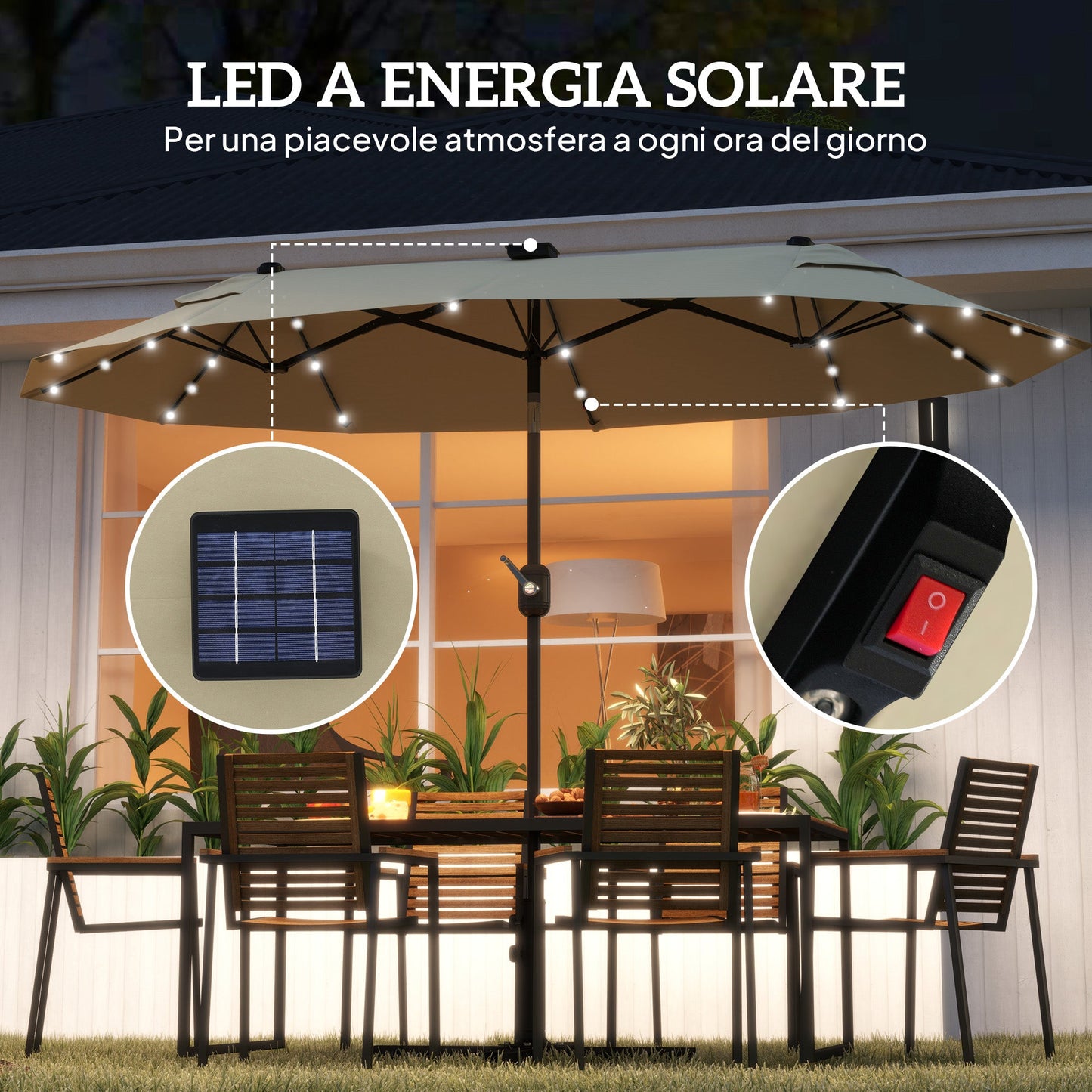 Double Parasol with LED Lights and Cross Base, in Polyester and Steel, 295x150x219 cm, Cream White