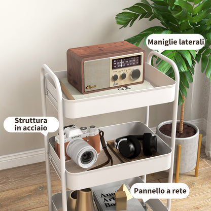 3-Tier Kitchen Cart with Handles and 4 Wheels, Steel, 45x30.6x79 cm, White