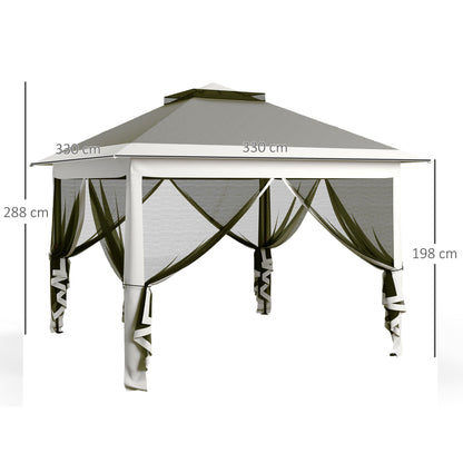 Height Adjustable Outdoor Gazebo with Mosquito Nets, in Metal and Oxford Fabric, 3.3x3.3x2.8 m, Dark Gray