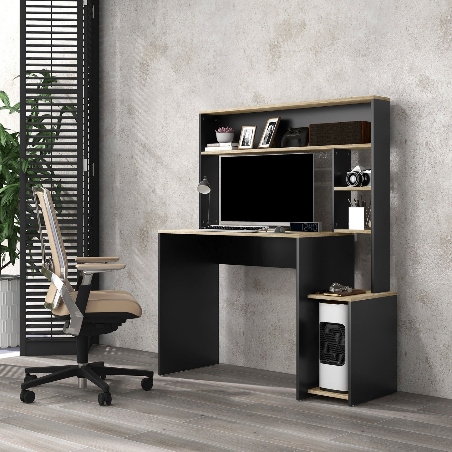 Modern Wooden Desk with Shelves and CPU Holder, 114x45x138cm, Grey and Natural Wood