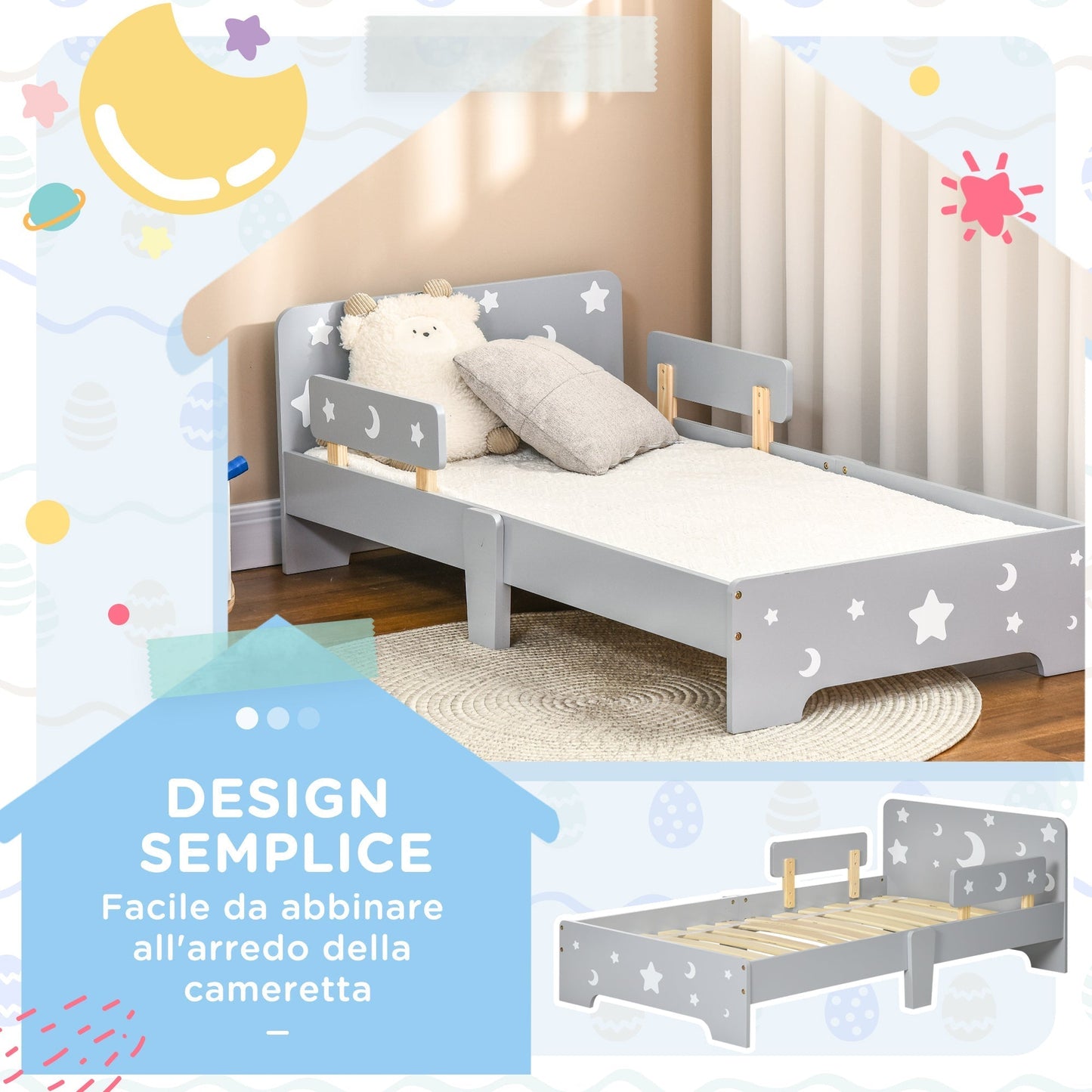 Children's Bed 3-6 Years with Stars and Moon Patterns in MDF Panels and Chipboard, 143x76x49 cm