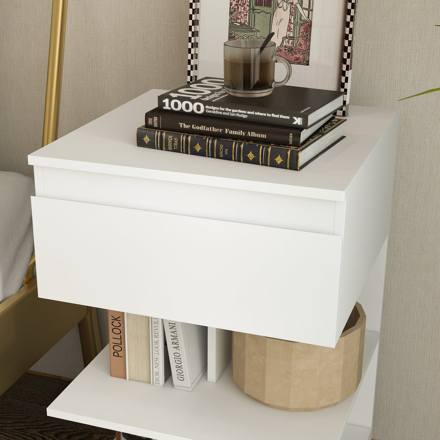 Modern Bedside Table in Chipboard and MDF with a Drawer and 2 Shelves, 39x39x65 cm, White