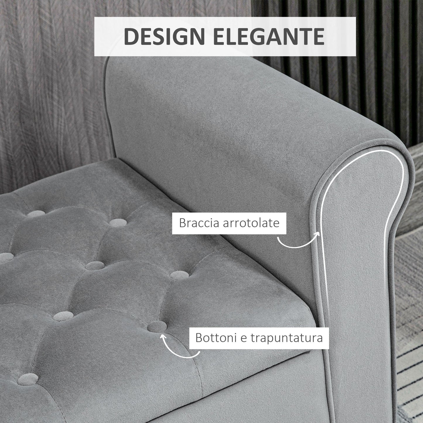 Velvet Fabric Bed End Bench with Storage Space and Armrests, 126x48.5x57 cm, Grey