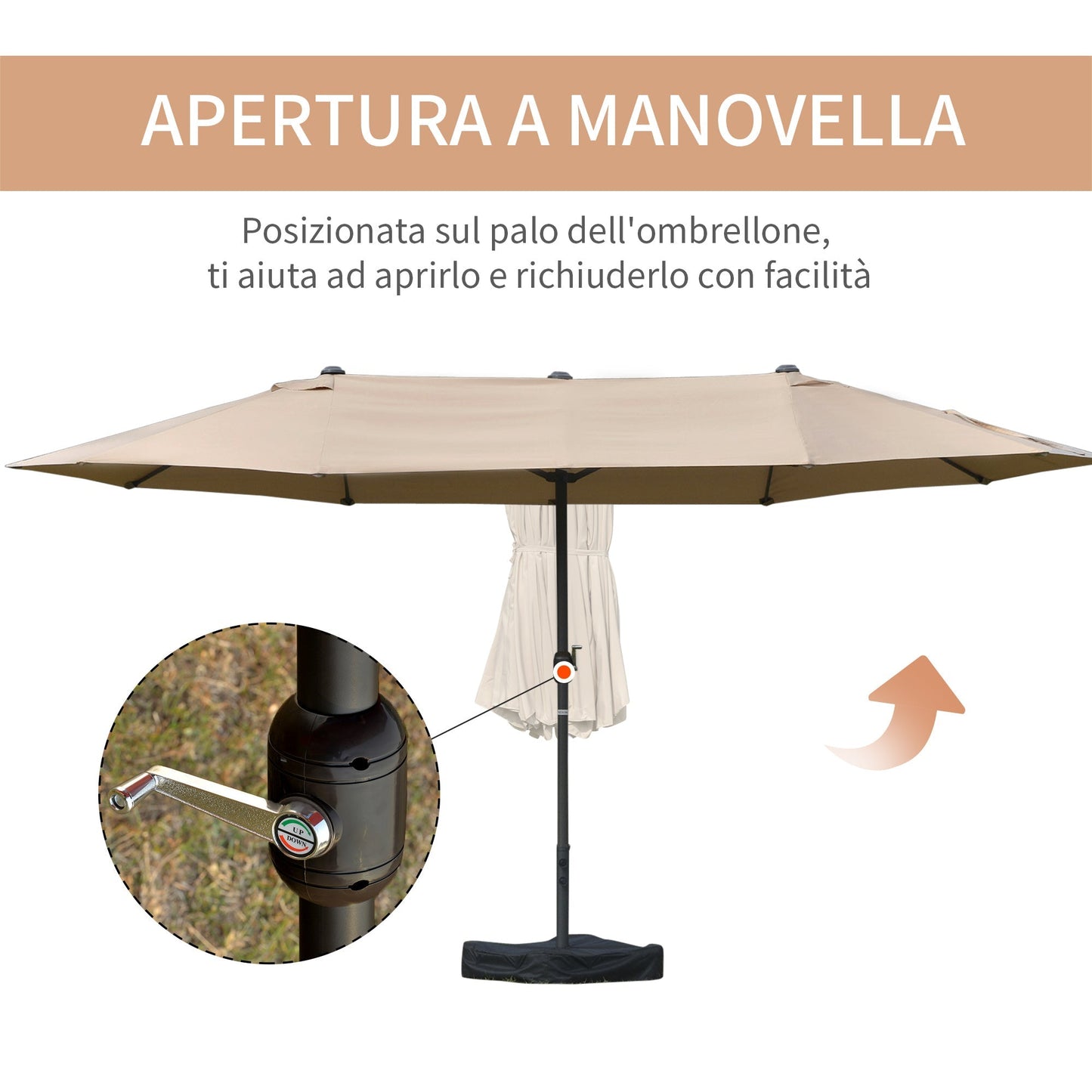 Double Garden Umbrella 460x270cm, Outdoor Umbrella with Crank Opening, Cross Base and Ballast, Steel and Khaki Polyester
