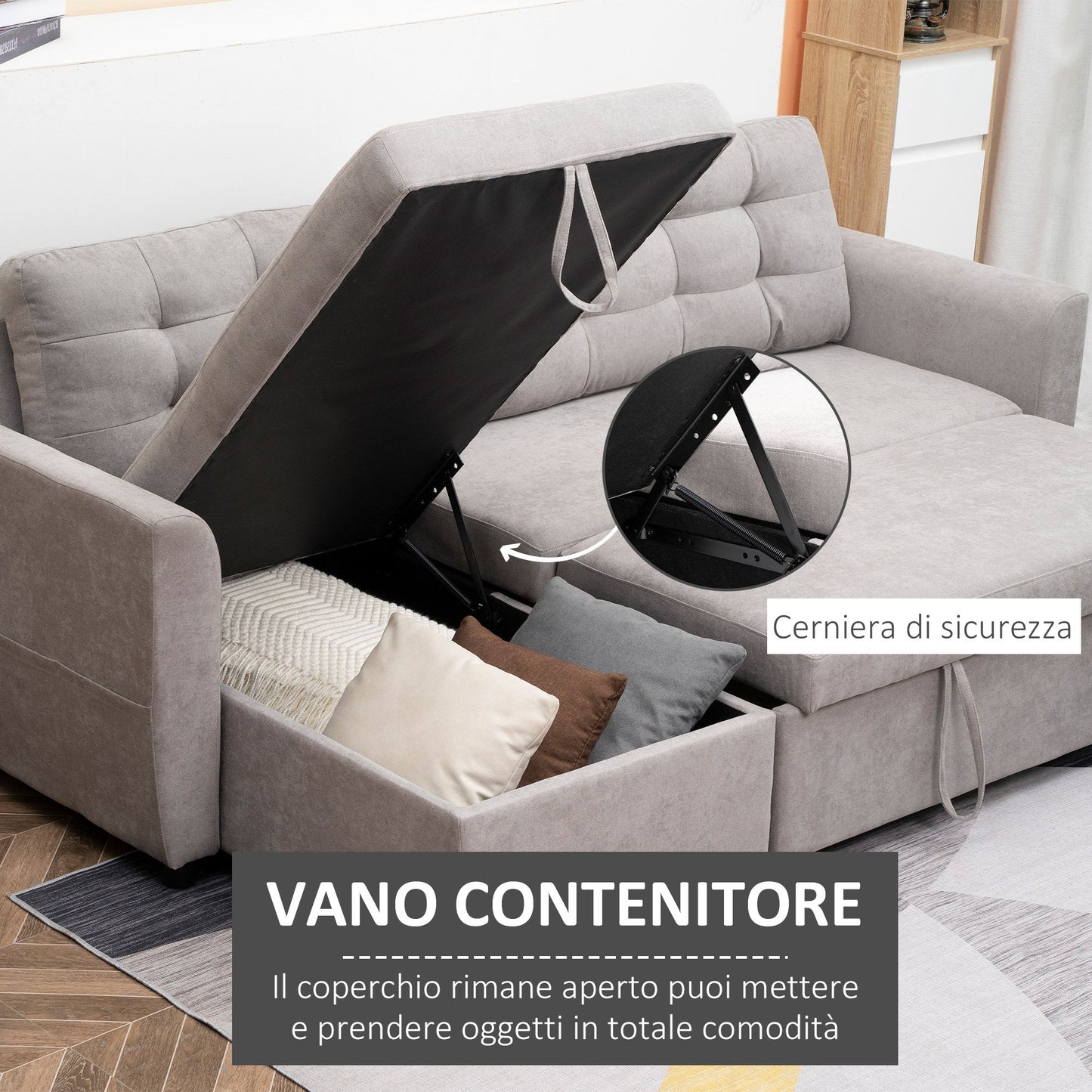 Grey Corner Sofa | 3 Seater Corner Sofa Bed with Chaise Longue Storage in Fabric, 217x134x85cm, Grey