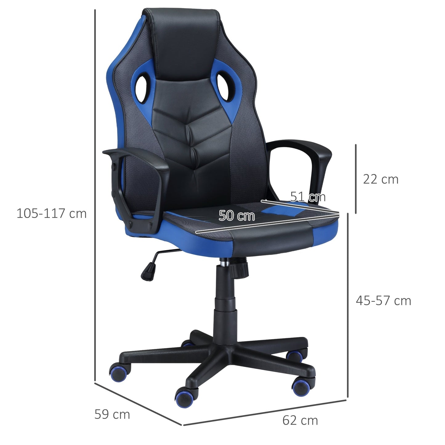 Ergonomic Gaming Chair, Swivel Office Chair with Wheels in Black and Blue PU Leather, Adjustable Height