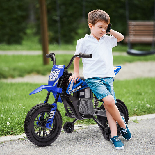 Electric Motorcycle for Kids with Removable Training Wheels, Suspension, Sounds and Charge Indicator, Blue
