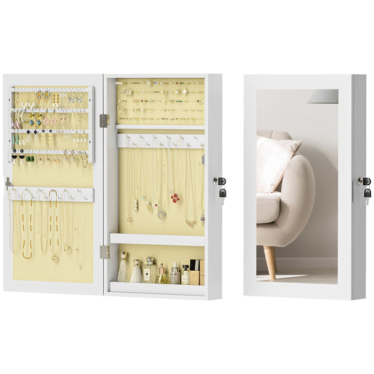 Wall-Mounted Mirrored Jewelry Cabinet with 2 Security Keys, Wooden, 36.5 x 9.5 x 67 cm, White