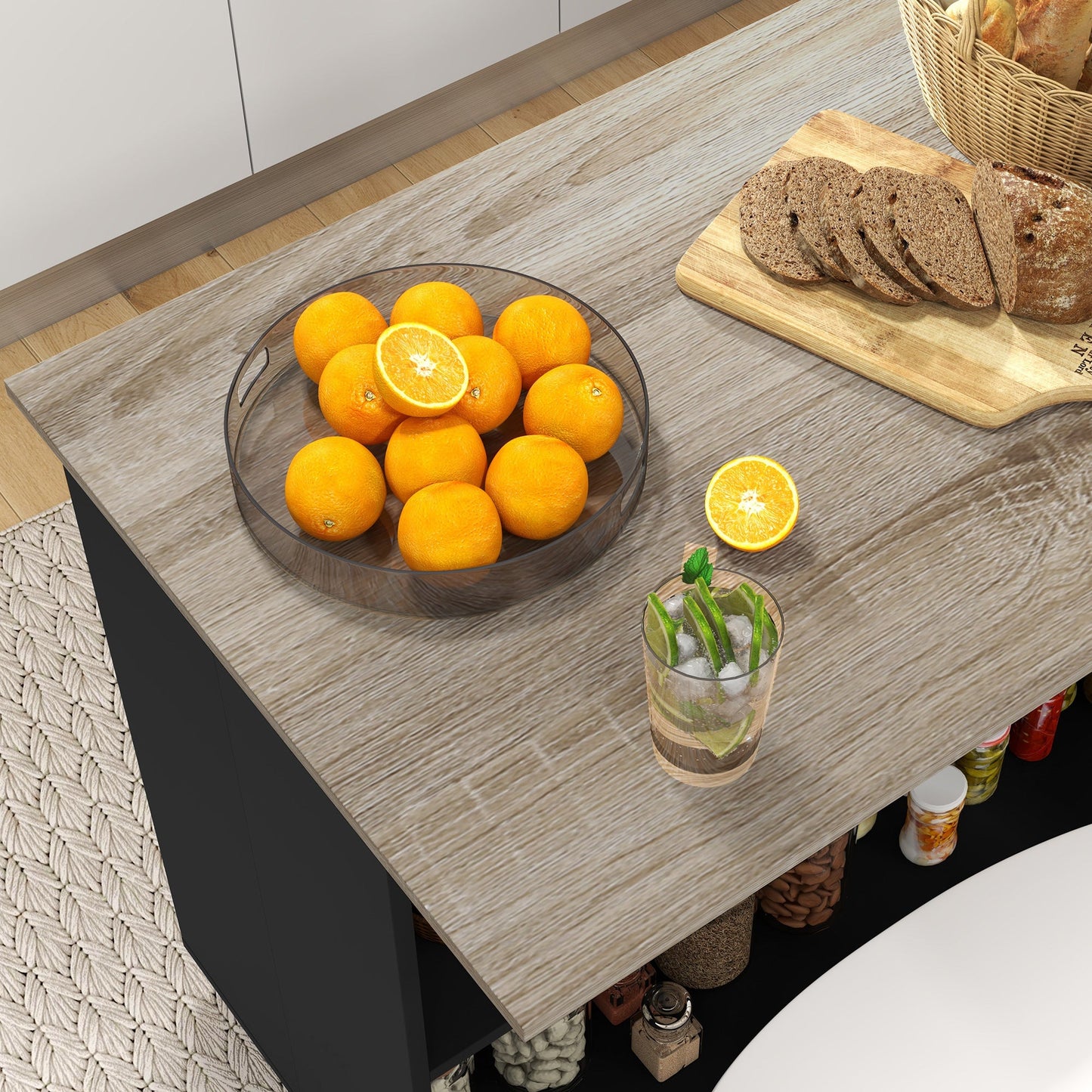 Kitchen Island with 2 Open Shelves and 2 Cabinets, MDF, 105x60x82 cm, Oak and Black