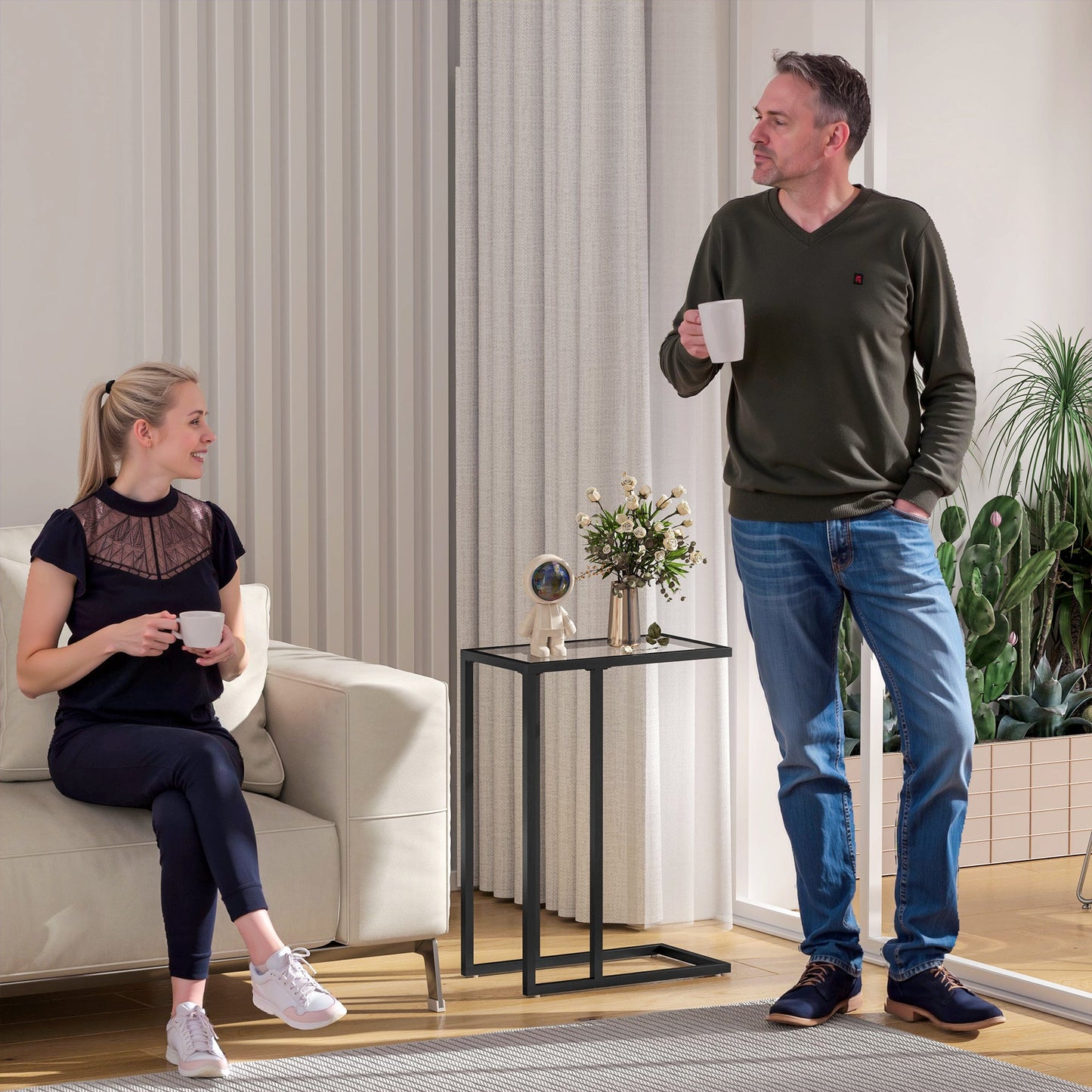 C-Shaped Glass and Steel Coffee Table, 46x25x63.5 cm, Black