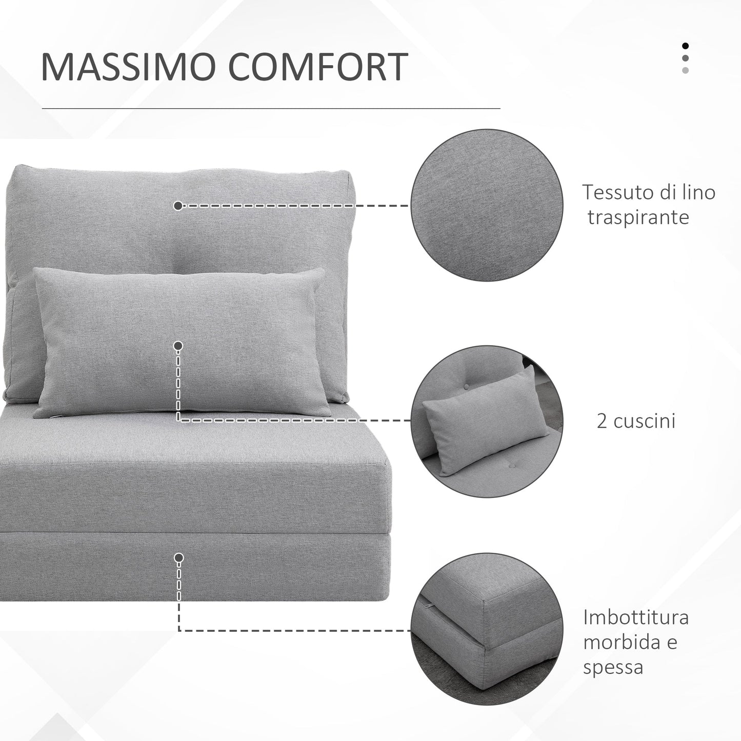 3-in-1 Sofa Bed, Convertible to a Chaise Longue and Floor Sofa with 2 Cushions, Light Grey