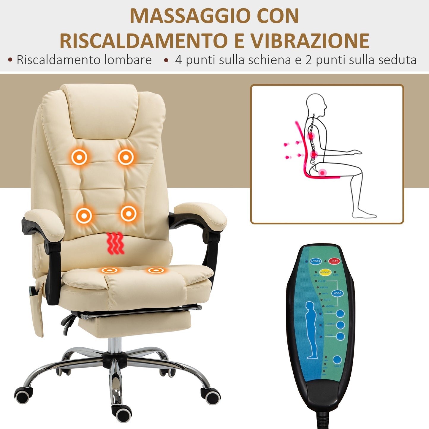 Ergonomic massant armchair winner at adjustable height with 6 vibrant points, 65x160x104 cm, cream