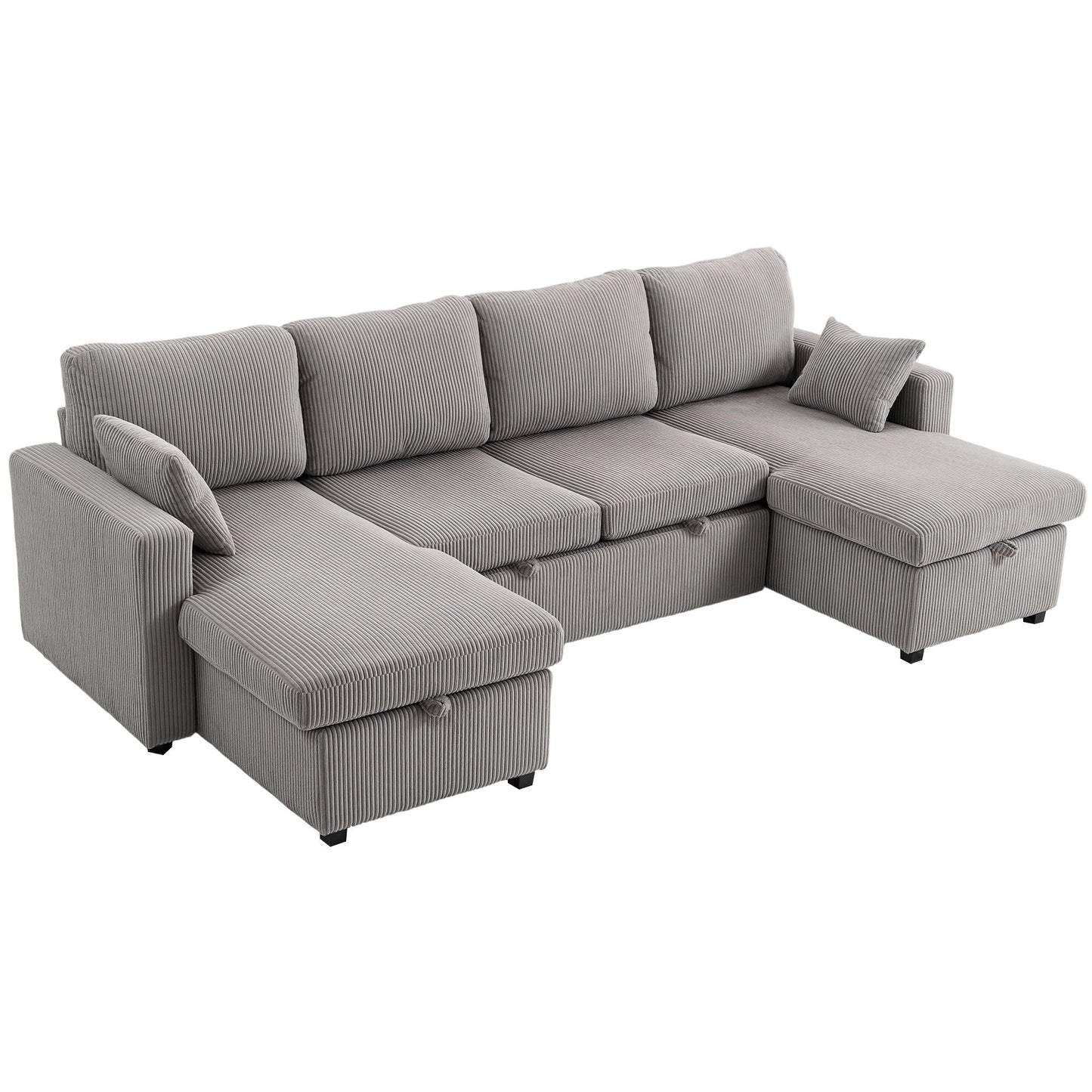 Modern U-Shaped Sofa Bed with 2 Chaise Longues and Storage Compartments, Corduroy, 282x140x86 cm, Grey