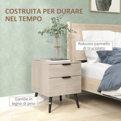 Set of 2 Nordic Style Bedside Tables with Drawer and Raised Base, Wooden, 40x40x50 cm, Oak Color