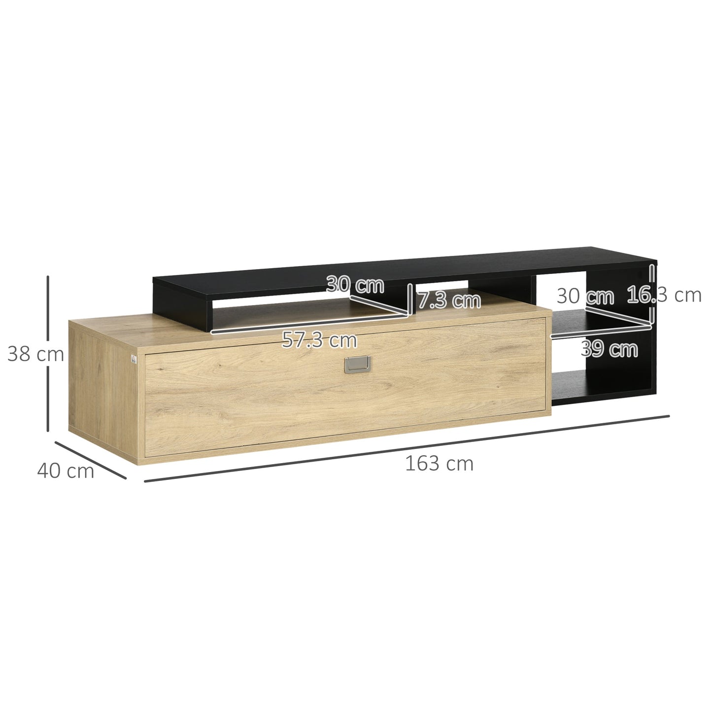 32"-65" TV Stand with Removable Shelf and Hinged Door Cabinet in MDF, 163x40x38 cm, Wood and Black