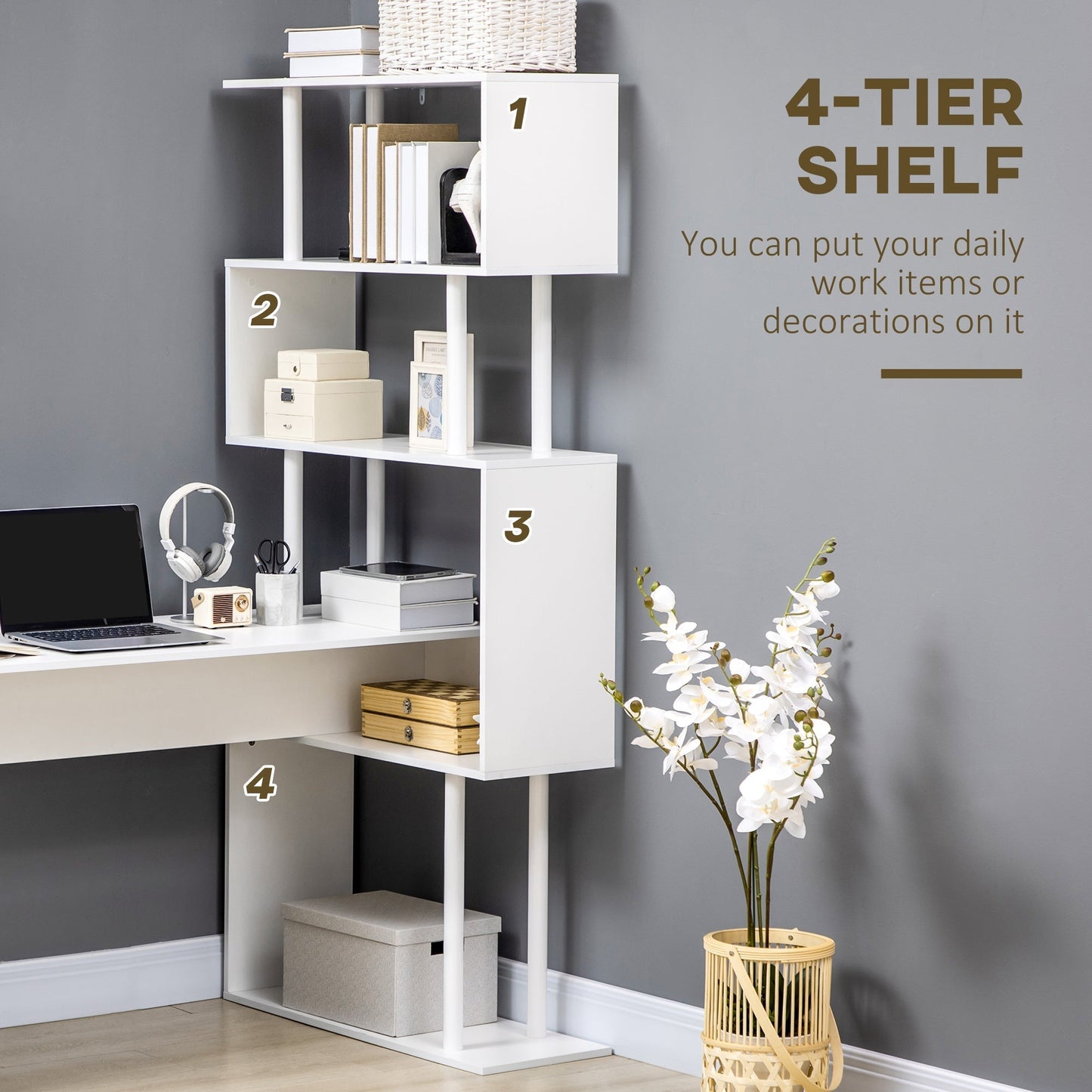 Modern Chipboard Corner Desk for Office and Study with 4-Tier Shelf, 120x80x176 cm, White