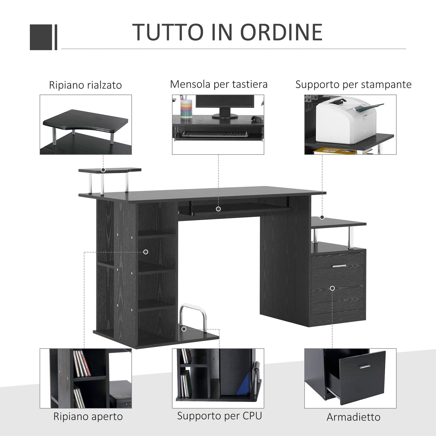 Desk for modern computer with drawers, shelves and removable keyboard, office desk for black wooden wood 152x60x88cm