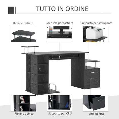 Desk for modern computer with drawers, shelves and removable keyboard, office desk for black wooden wood 152x60x88cm