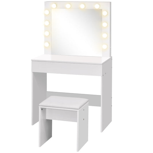 Hollywood Vanity Mirror with 12 LED Lights and White Wooden Stool