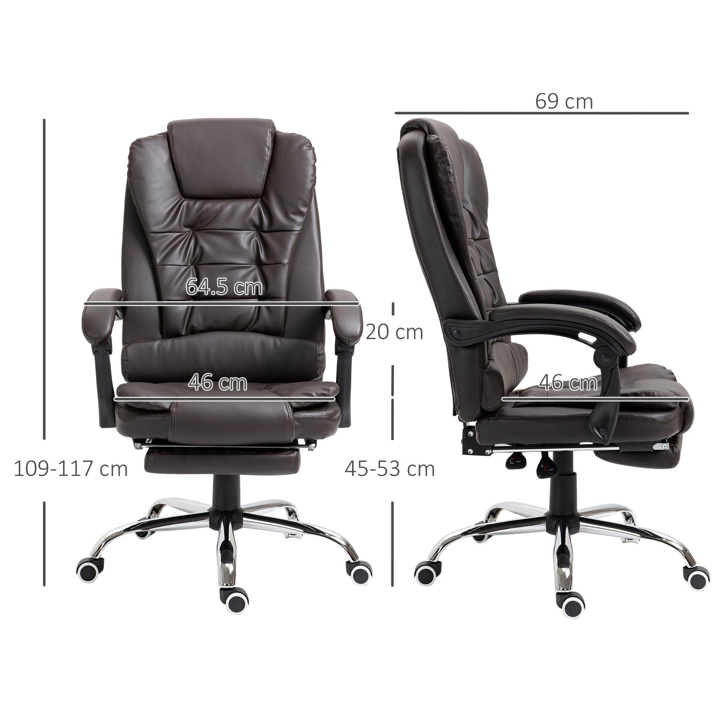 Presidential Style Reclining Office Chair with Footrest, 64.5x69x109-117 cm, Coffee