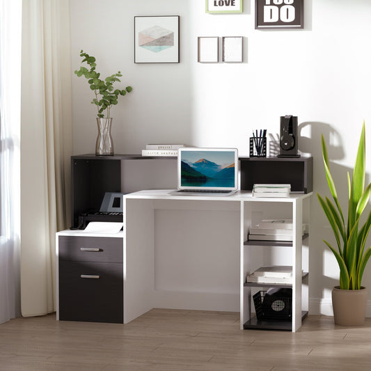 Office Desk with Printer Shelf, 2 Drawers and 3 Shelves, in Black and White MDF, 137 x 55 x 92cm