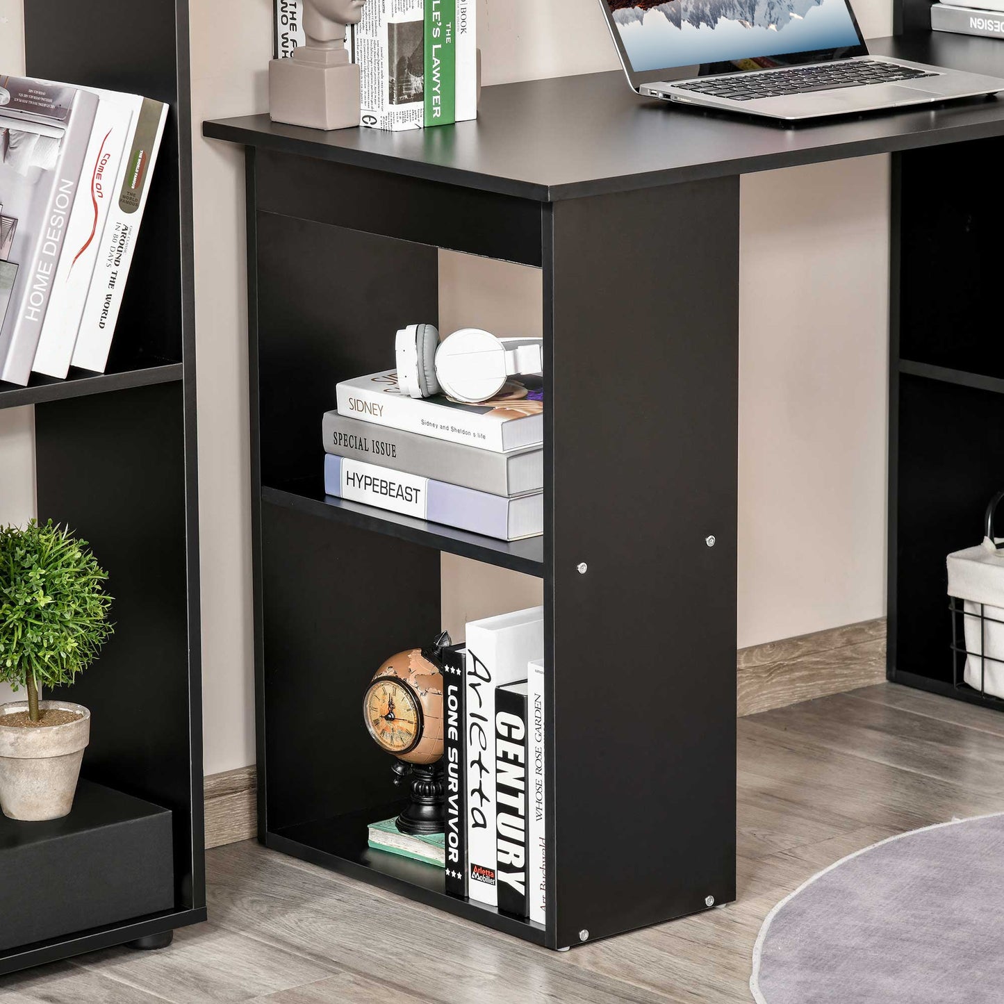 Wooden PC Desk with 6 Side Storage Shelves, 120x55x120 cm, Black