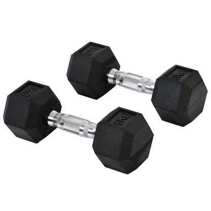 Set of 2 6kg Hex Dumbbells with Non-Slip Grip and Rubber Coating, Black