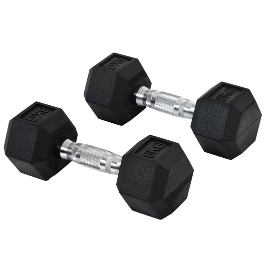 Set of 2 6kg Hex Dumbbells with Non-Slip Grip and Rubber Coating, Black