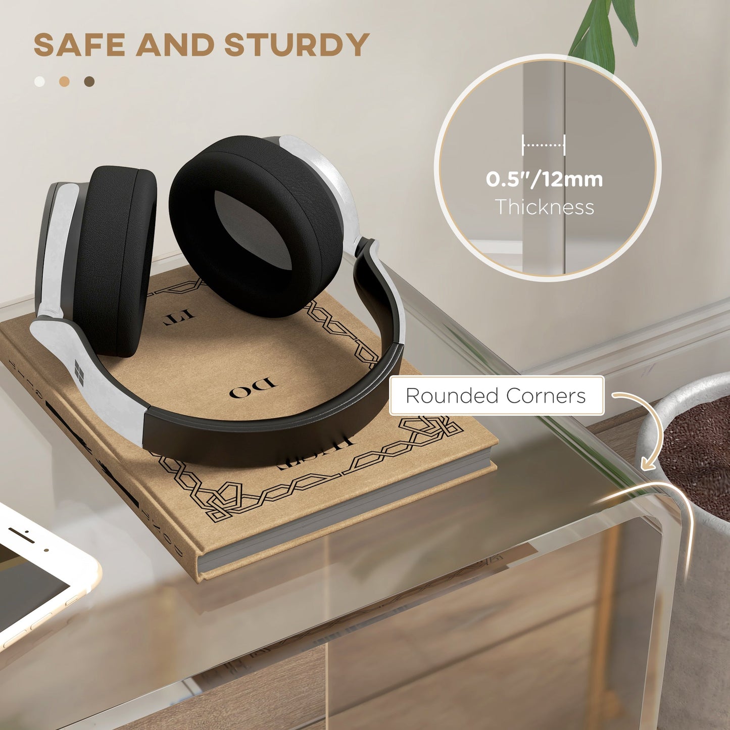 Living room coffee table in UC with smooth edges and rounded corners, 53.5x30.5x53.5 cm, transparent