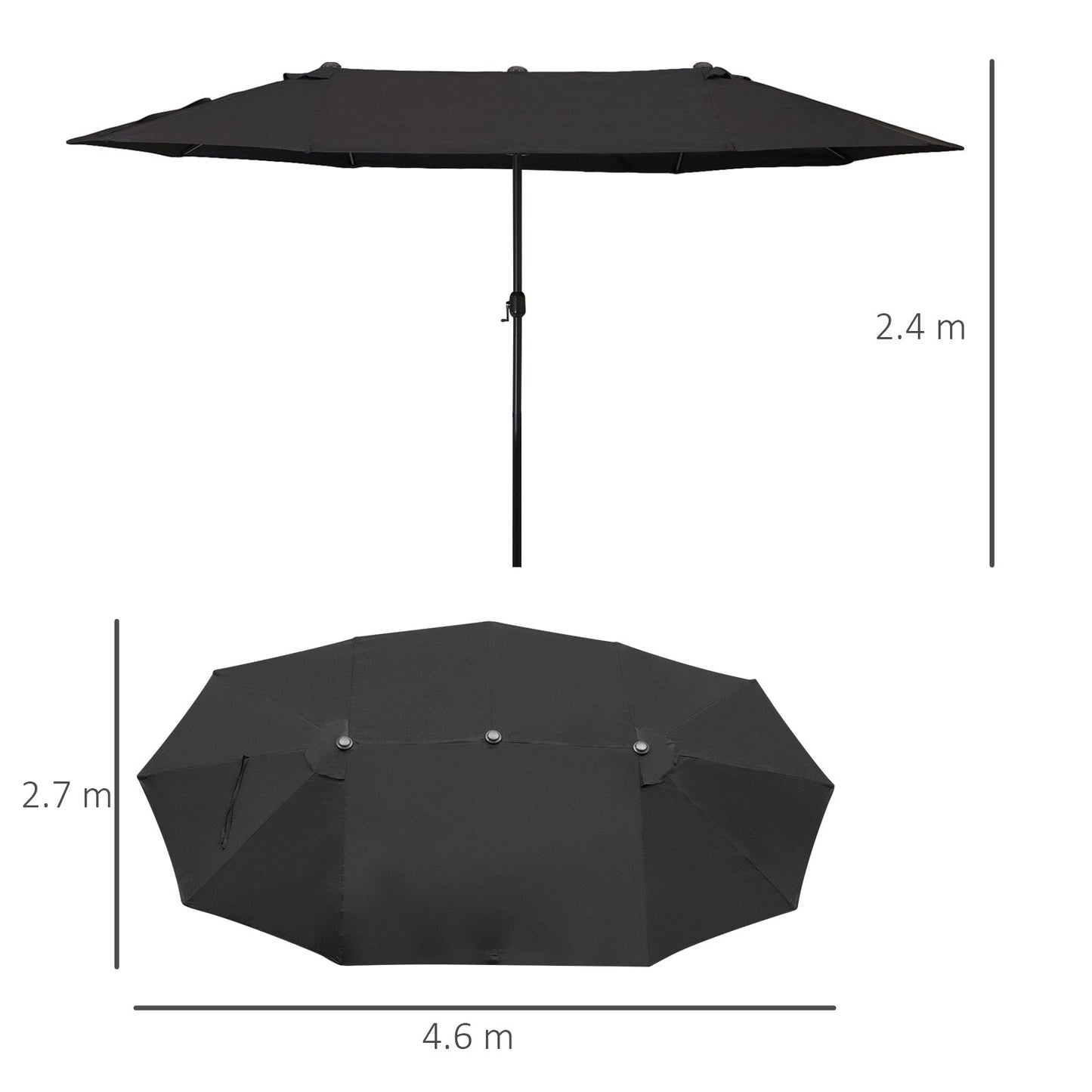 Double Garden Umbrella with Crank Opening, in Steel and Polyester, 460x270x240 cm, Black