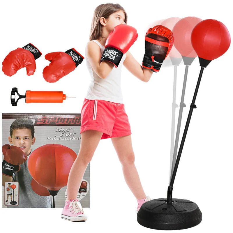 Floor Punching Ball for Kids 5-10 Years Old with Gloves and Adjustable Height, Red