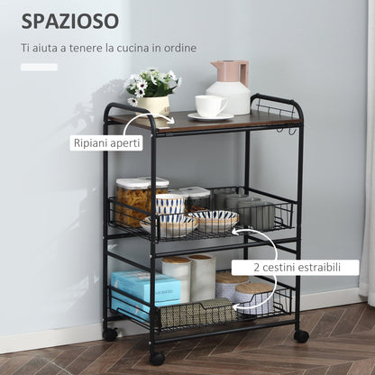 Kitchen Trolley Industrial Style spirits with 4 wheels, 2 baskets and 4 hooks, 60x38x85.5cm - brown/black
