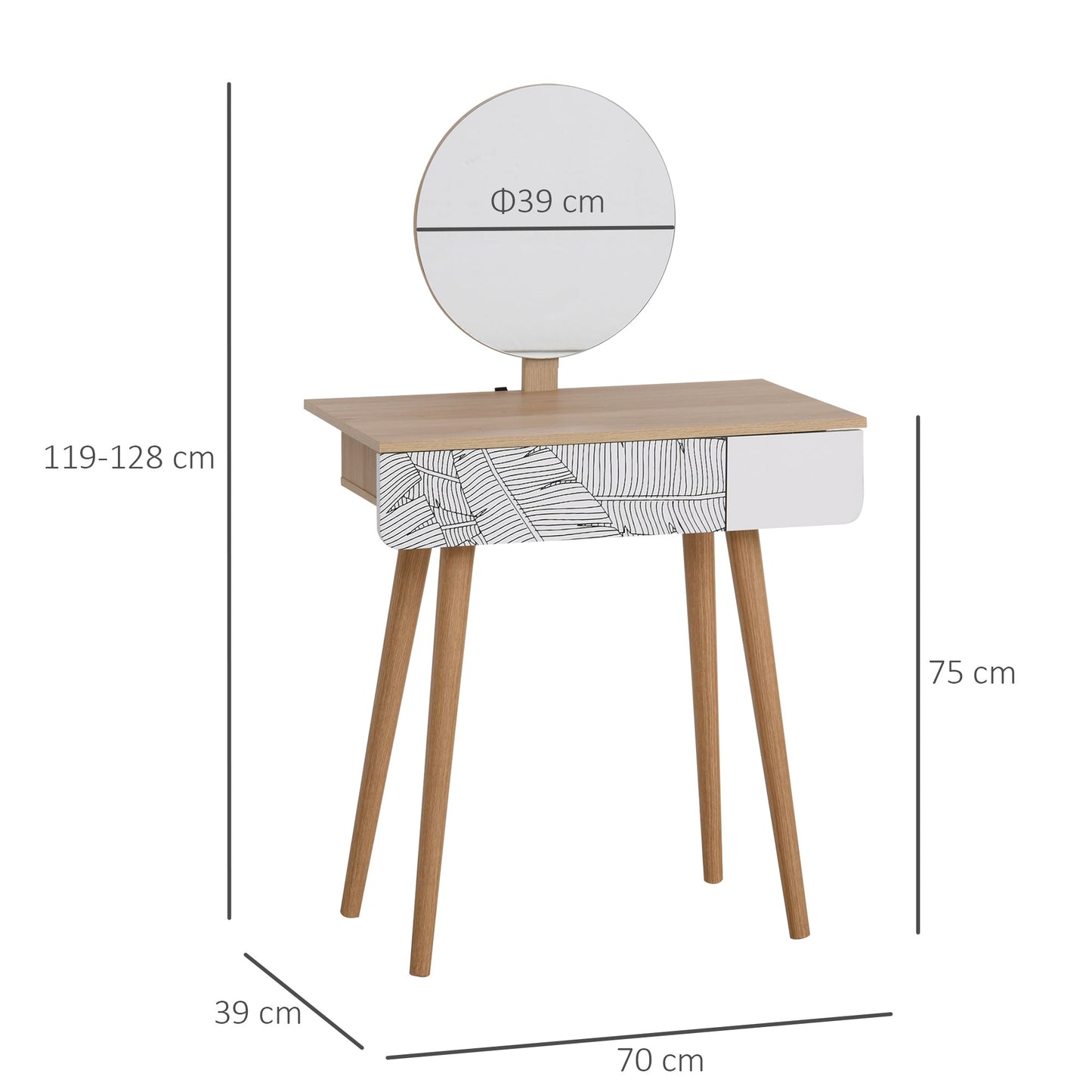Dressing Table with Circular Mirror Ф39cm, Makeup Console with Drawer in Jungle Decor, White and Oak, 70x39x119-128cm