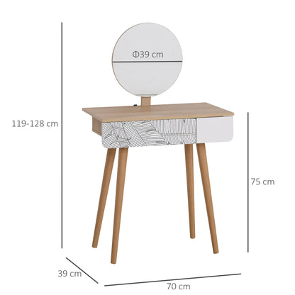 Dressing Table with Circular Mirror Ф39cm, Makeup Console with Drawer in Jungle Decor, White and Oak, 70x39x119-128cm