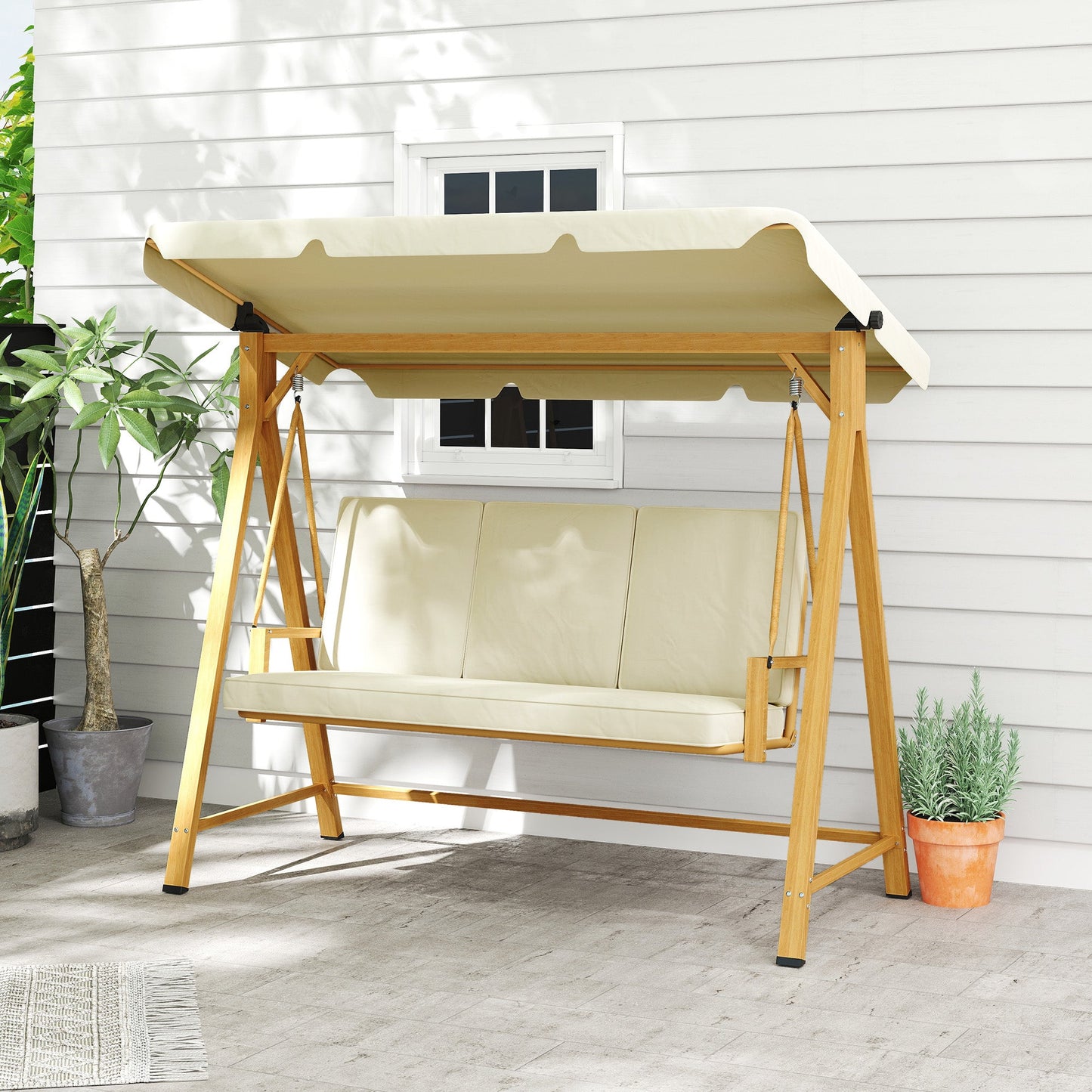 3 Seater Garden Swing with Adjustable Canopy and Cushions, 195x120x170 cm, Beige